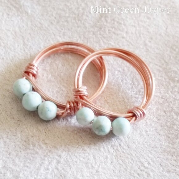 Mint Green Jasper & Copper! Slim Beaded Handmade Rings - Sturdy Every Day Wear! - Picture 2 of 6